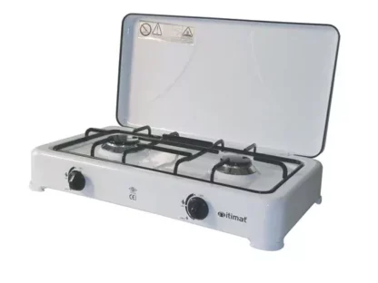 Fornello a gas 2 fuochi bianco con coperchio e griglia in acciaio
